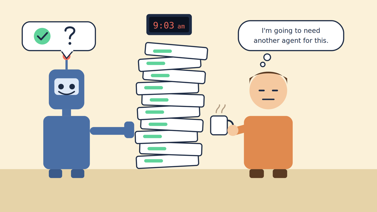 A robot stands beside a stack of ten approved pull requests as tall as it is. A wall clock reads 9:03 am. The person next to it, holding a coffee, thinks: I'm going to need another agent for this.